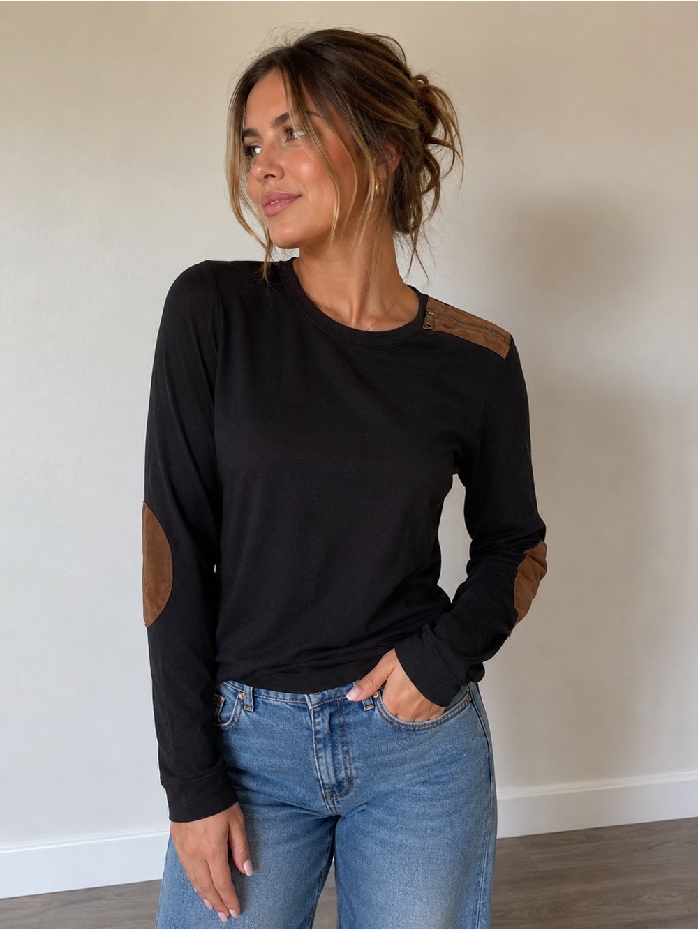 Ralph Lauren Black Long-Sleeve Tee with Brown Elbow & Shoulder Patches